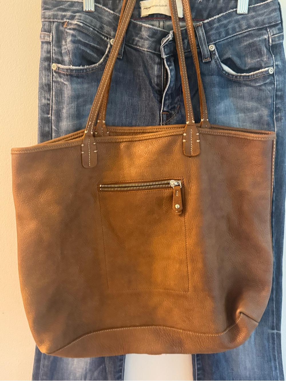 Roots Cognac Leather Tote with Zip Pocket